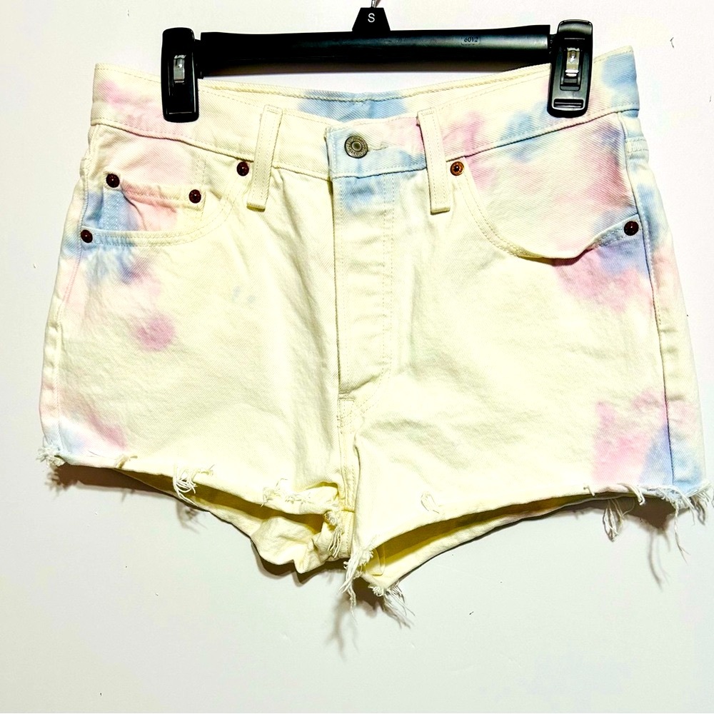 Levi's Yellow Tie-Dye Jean Shorts with Pink & Blue Accents